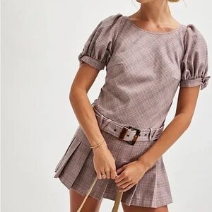 Free People Sevi Mini Plaid Puff Sleeve Belted Dress Size Small